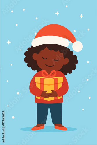 Cute African American Girl with Santa Hat Holding Christmas Gift in Flat Design