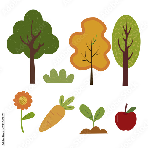 Playful flat vector illustration of garden elements including trees, bushes, a carrot, an apple, sprouts, and a flower. 