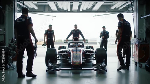 Race Car Team Prepares Vehicle Inside Garage With Open Bay Doors Bright Daylight