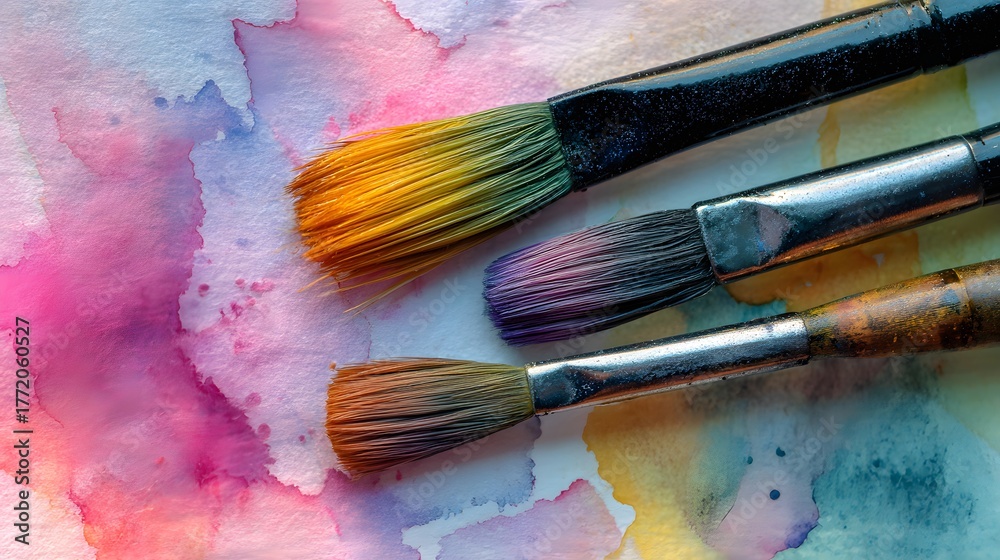Fototapeta premium Three art brushes rest across vibrant, wet watercolor washes on textured paper