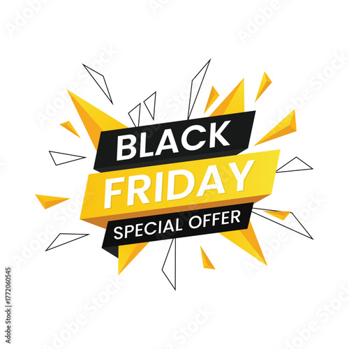 Black friday special offer banner with yellow and black colors and abstract shapes