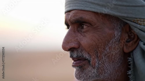 Elderly man with weathered skin and grey beard wearing a headscarf during golden hour with sand on his face