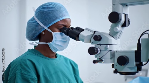 Female Surgeon in Green Scrubs and Surgical Cap Examines Specimen Under Microscope in Brightly Lit Operating Room