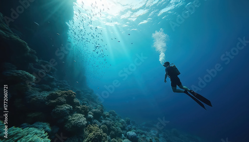 Fototapeta Naklejka Na Ścianę i Meble -  Diver with full scuba gear explores vast deep blue ocean. Bright sun rays penetrate clear water above rich coral reef. Many small fish swim in large schools near reef wall. Underwater adventure shows