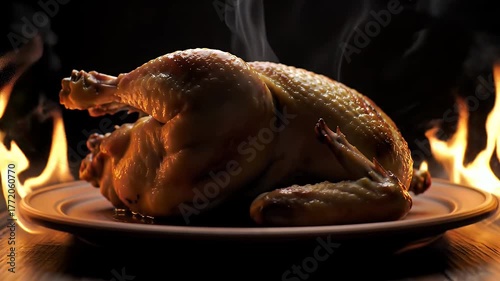 Whole Roasted Chicken With Crispy Skin Sizzling On A Plate With Flames And Smoke Dramatic Lighting