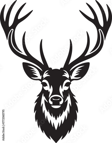 Black and white illustration of a stag's head with large antlers and a shaggy mane deer