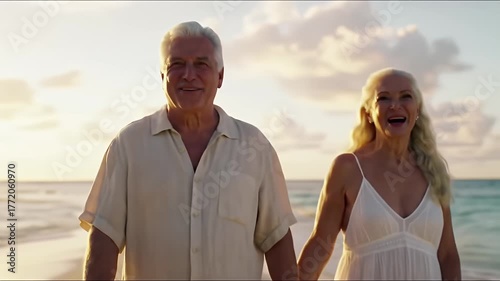 Elderly Couple Walking Hand in Hand on a Sandy Beach During Golden Hour Sunset with Gentle Waves and Soft Clouds