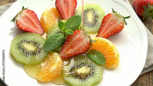 Fresh Sliced Fruit Medley Strawberry Kiwi Mandarin Orange Drizzled with Honey on White Plate Overhead View Studio Shot