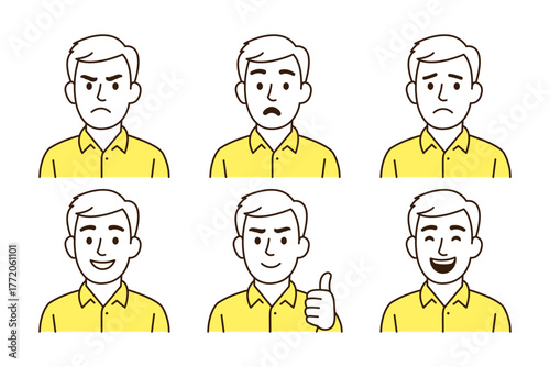 Minimalist Line Art Man Face Avatars with 6 Expressions Set - Simple Flat Design Male Profile Illustrations Set, User Experience Feedback Emotions