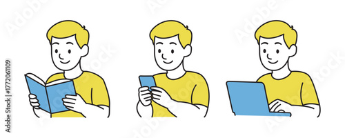 Minimalist Line Art Young Man with Technology Set - Reading Book, Using Phone and Laptop Illustration