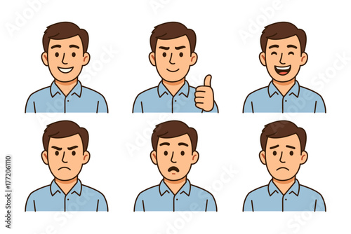 Set of Adult Man Face Avatars with 6 Different Emotions - Male Cartoon Expression Icons, User Moods Illustration