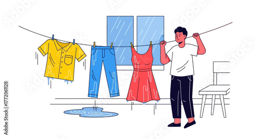Illustration of a man hanging freshly washed clothes on an indoor line. Flat Vector Illustrations. EPS Editable