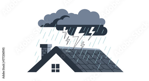 House roof under a dark stormy sky with rain and lightning bolts. Flat Vector Illustrations. EPS Editable