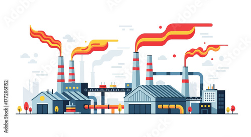 Industrial factory complex with tall smokestacks emitting colorful smoke vector illustration. Flat Vector Illustrations. EPS Editable
