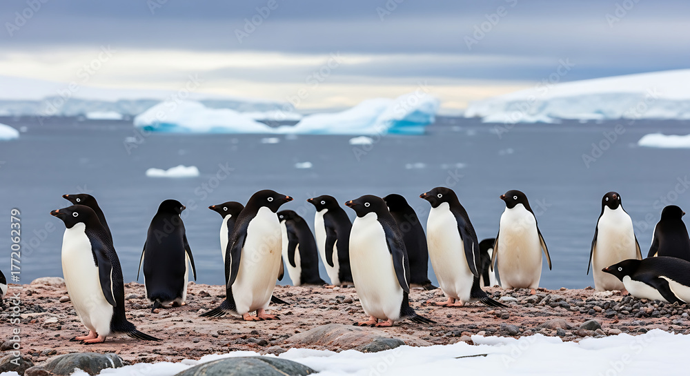 Obraz premium A group of adelie penguins standing on a rocky shore with icebergs in the background under a cloudy sky