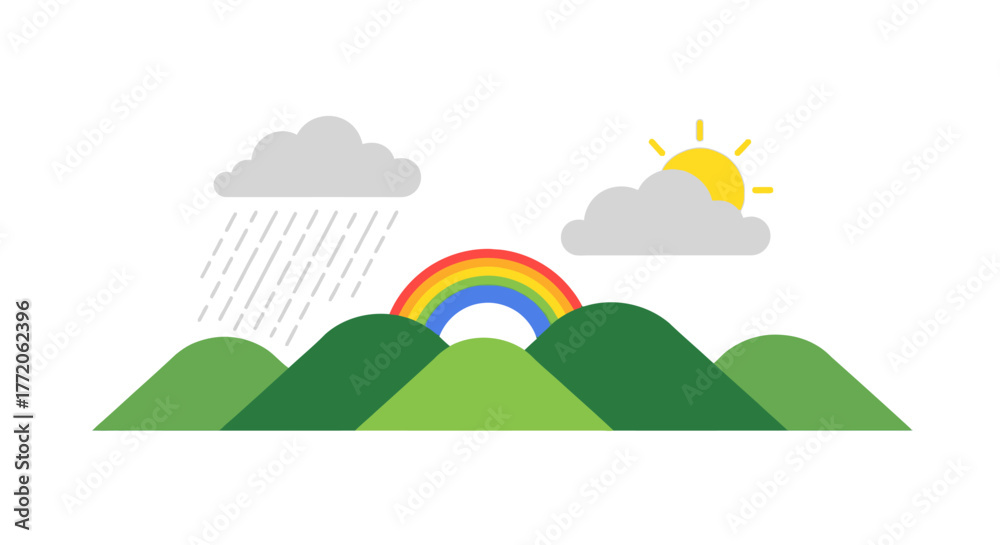Fototapeta premium Stylized illustration of a rainbow appearing over green hills after a rain shower with sun breaking through clouds. Flat Vector Illustrations. EPS Editable