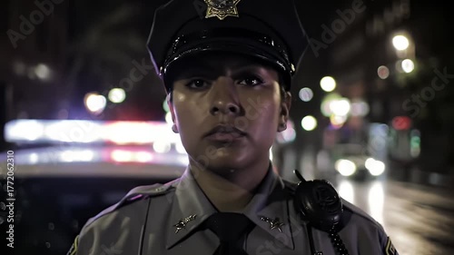 Serious Female Police Officer Stands Guard at Night City Street with Police Car Lights Flashing Blurring Background
