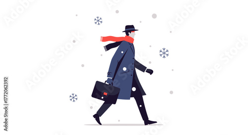 Stylish businessman in a winter coat walking through the snow. Flat Vector Illustrations. EPS Editable