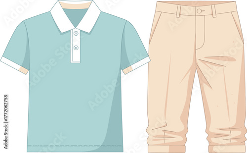 Casual Summer Outfit — polo shirt with chinos, light fabric texture, pastel color palette, flat vector