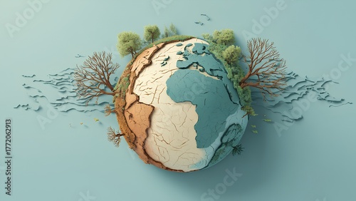 Global warming and climate change concept – earth cracking and deforestation illustration