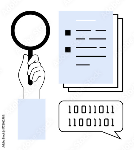 Hand examining a document with magnifying glass, binary code in speech bubble suggesting digital analysis. Ideal for research, data, coding, investigation, technology, auditing problem-solving. A