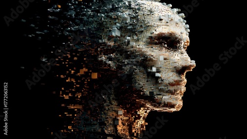 Futuristic AI human face made of digital cubes – abstract artificial intelligence art