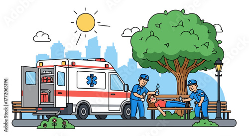 Paramedics providing emergency first aid to a person on a park bench with an ambulance nearby. Flat Vector Illustrations. EPS Editable