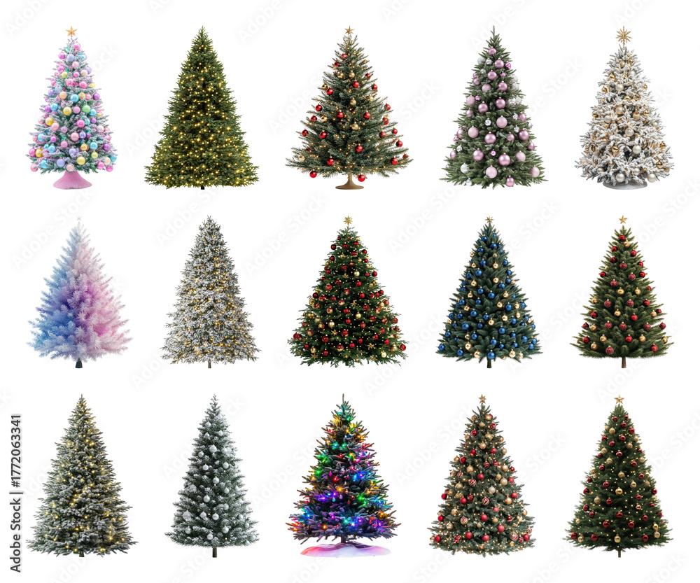 Naklejka premium PNG Festive colorful Christmas trees collection, element set on transparent background