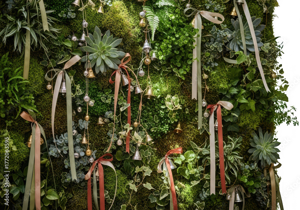 Fototapeta premium Green wall with festive ribbons and bells isolated on transparent background