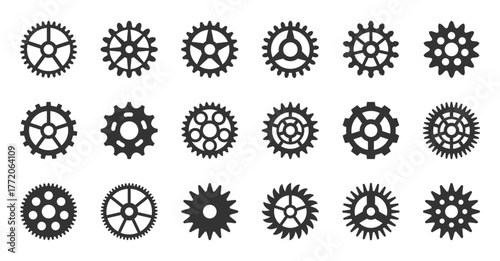 Gears and cogwheels black silhouette icon set. Different outline gear hub patterns. Cogs sprockets vary sizes shapes. Toothed wheel contour forms. Rotor mechanical machine parts flat various shape