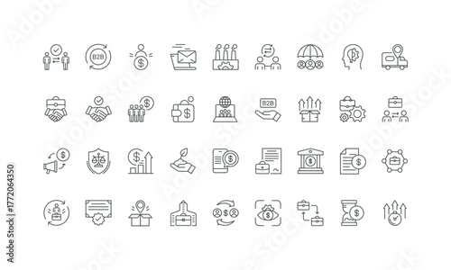 supplier and buyer contract for purchase, commerce thin black and red outline symbols vector illustration B2B, enterprise collaboration, product sales, trade, supply chain management line icon set.