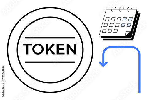 Circular token design paired with a calendar and an arrow indicating time flow or scheduling. Ideal for planning, events, deadlines, automation, time management, task allocation, and milestones