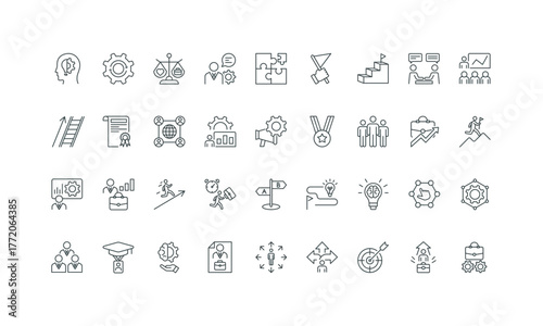 Business meeting and staff training, internship thin black and red outline symbols vector illustration Career in corporate company, leader portfolio and efficiency, inspiration line icon set.