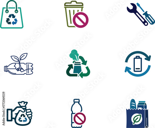 Collection of recycling and environmental related icons on a white background