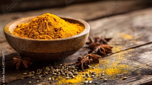 Fototapeta Naklejka Na Ścianę i Meble -  Vibrant yellow spice powder fills a small wooden bowl surrounded by aromatic whole spices on rustic timber