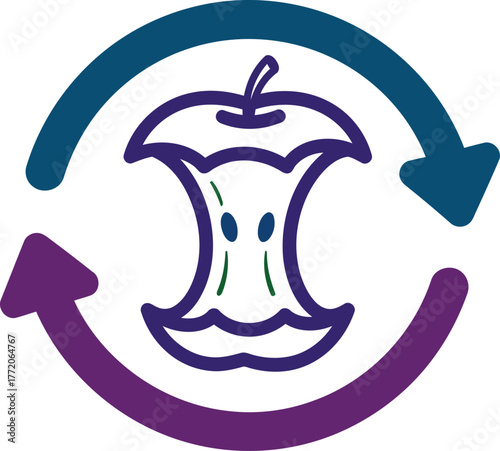 Apple core recycling symbol in blue and purple for composting