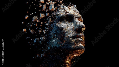 Futuristic AI human face made of digital cubes – abstract artificial intelligence art