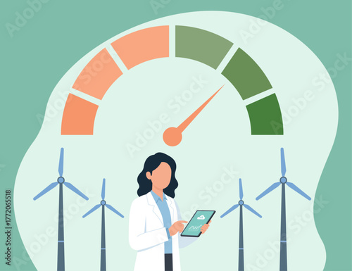 A female engineer monitors wind turbine efficiency and renewable energy output, symbolizing progress in green technology and sustainable power generation