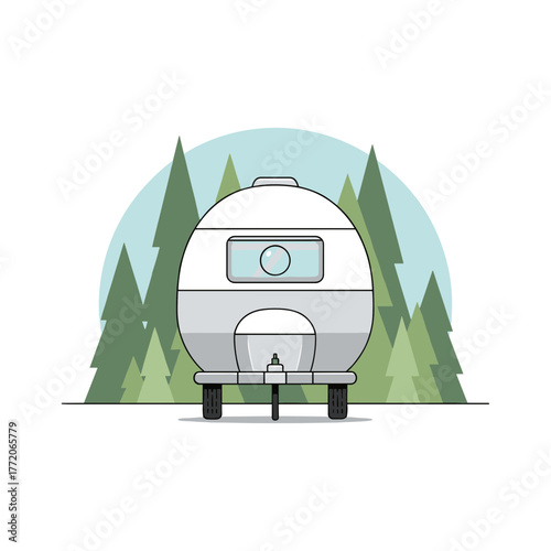 Retro Travel Trailer Camper in Forest Scene Vector Illustration