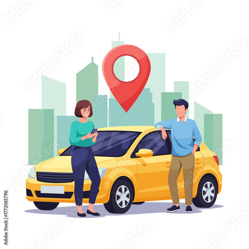 People with Yellow Car and Location Pin in City for Ride Sharing or Navigation Service