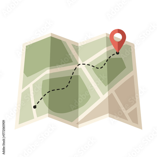 Folded Map with Route Path and Location Pin for Travel and Navigation