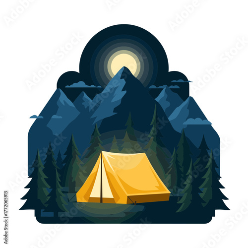 Camping Tent at Night in a Forest with Mountains and Full Moon Illustration