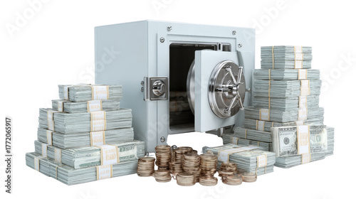 3D concept of financial protection with a secure safe and visible money stacks, isolated on a Transparent background, PNG file.
