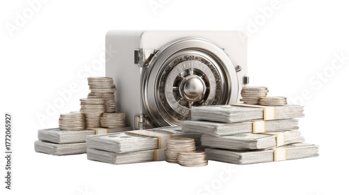 3D concept of financial protection with a secure safe and visible money stacks, isolated on a Transparent background, PNG file.