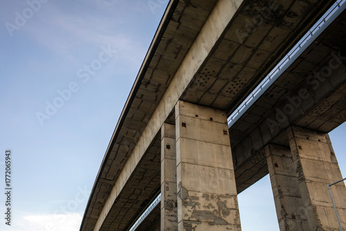 Concrete highway bridge structure against blue sky