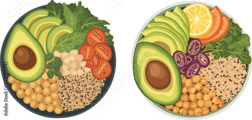 Two healthy buddha bowls with avocado grains and fresh vegetables