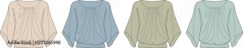 Variety of Fashionable Blouse Designs in Pastel Colors Beige, Blue, Olive, and Mint for Style