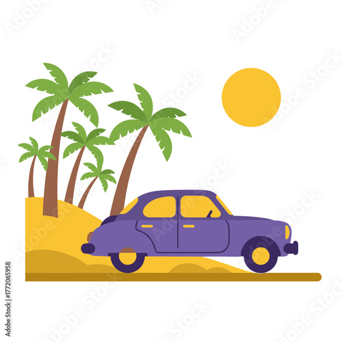 Vintage purple car driving on a sandy tropical beach with green palm trees and sun