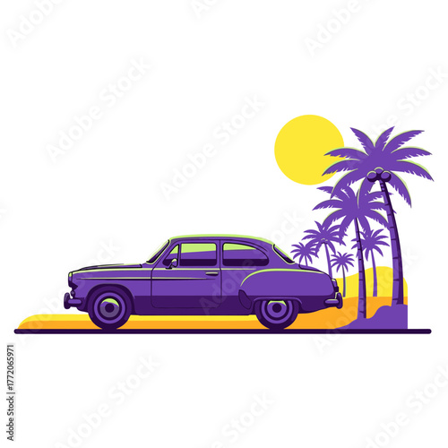 Retro purple car parked on a sunny tropical beach with lush palm trees, summer vacation