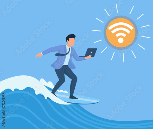 A businessman surfs the internet waves with his laptop, connecting to a wifi sun. This represents remote work, digital freedom, and online business agility